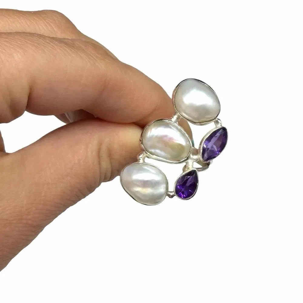 Genuine Pearl Amethyst Ring Size 8 Solid 925 Sterling Silver